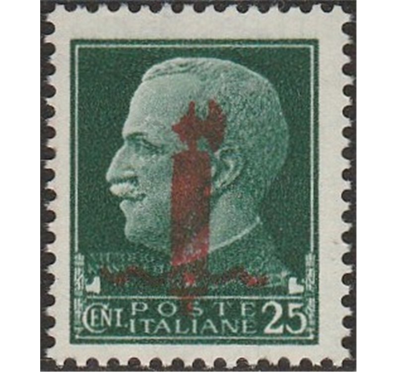 Italia 1944 - Repubblica Sociale Imperiale 25 c. verde con sovrastampa fascio tipo "L" in rosso Cert.: Biondi. Cat. € 240 (**)