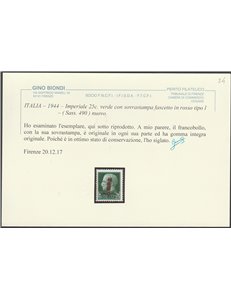 Italia 1944 - Repubblica Sociale Imperiale 25 c. verde con sovrastampa fascio tipo "L" in rosso Cert.: Biondi. Cat. € 240 (**)