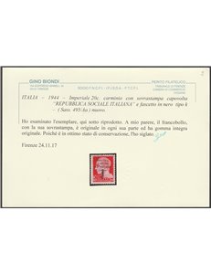 Italia 1944 - Repubblica Sociale Italiana Imperiale 20 c. con sovrastampa in nero capovolta di tipo "K" Cat. € 1250 (**)