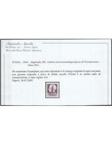 Italia 1944 - Repubblica Sociale Imperiale L. 50 Violetto con sovrastampa di Verona in rosso Cat. € 260 (*)