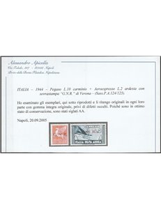 Italia 1944 - Repubblica Sociale Posta Aerea F.lli d'Italia P.A. del 1930-34 con sovr. di Verona "G.N.R." Cat. € 4800 (**)