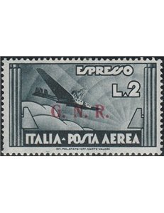 Italia 1944 - Repubblica Sociale Aeroespresso del 1934 L. 2 ardesia con sovr. "G.N.R." di Brescia II tipo Cat. € 2700 (**)