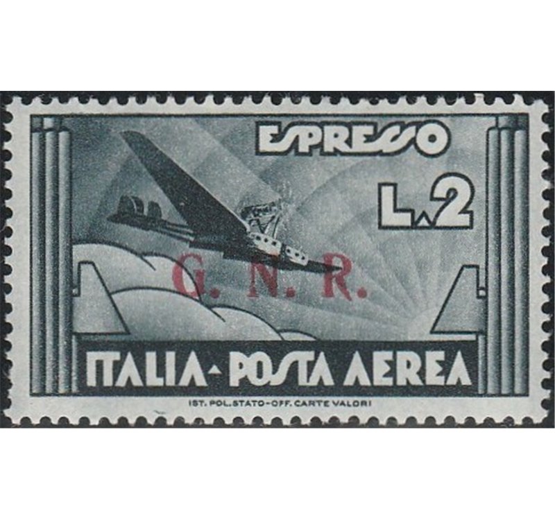 Italia 1944 - Repubblica Sociale Aeroespresso del 1934 L. 2 ardesia con sovr. "G.N.R." di Brescia II tipo Cat. € 2700 (**)