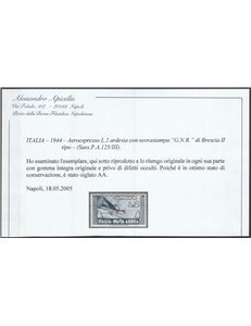 Italia 1944 - Repubblica Sociale Aeroespresso del 1934 L. 2 ardesia con sovr. "G.N.R." di Brescia II tipo Cat. € 2700 (**)