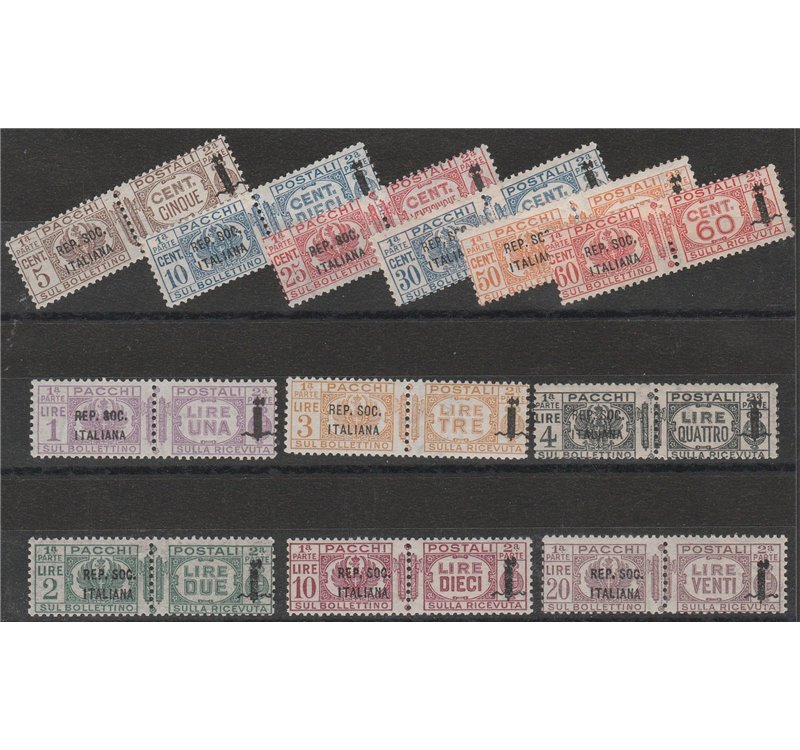 Italia 1944 - R.S.I. Pacchi d'Italia del 1927-32 con sovrastampa " REP. SOC. ITALIANA" e fascetto Catalogo € 3750 (**)