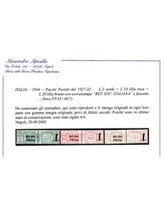 Italia 1944 - R.S.I. Pacchi d'Italia del 1927-32 con sovrastampa " REP. SOC. ITALIANA" e fascetto Catalogo € 3750 (**)