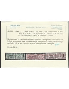 Italia 1944 - R.S.I. Pacchi del regno del 1927-32 con sovrastampa "REP. SOC. ITALIANA" e fascetto Cat. € 3750 (**)
