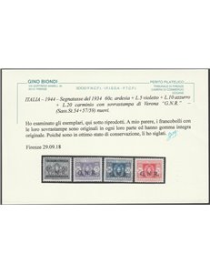 Italia 1944 - R.S.I. Segnatasse d'Italia del 1934 con sovr. "G.N.R." di Verona. Cat. € 4000 (**)
