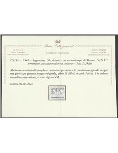 Italia 1944 - R.S.I. Segnatasse d'Italia del 1934 50 c. violetto con sovrastampa "G.N.R." di Verona. Cat. € 450 (**)
