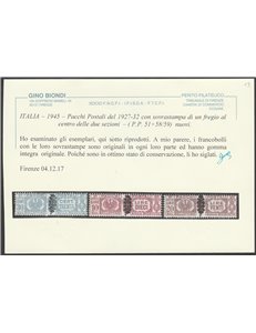 Italia 1945 - R.S.I. Pacchi del Regno del 1927-32 con sovrastampa di un fregio tra le due sezioni Cat. € 450 (**)