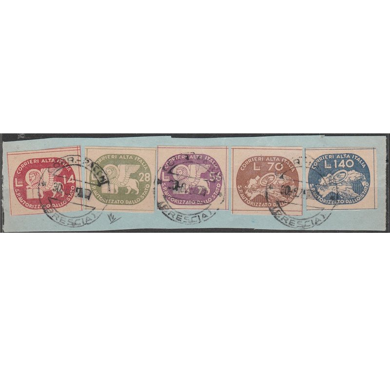 Italia 1945 - Luogotenenza CORALIT  "Leone di San Marco" su frammento con annulli di Brescia Cat. € 1500 (U)