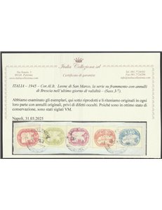 Italia 1945 - Luogotenenza CORALIT  "Leone di San Marco" su frammento con annulli di Brescia Cat. € 1500 (U)