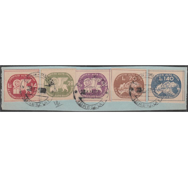 Italia 1945 - Luogotenenza CORALIT Serie "Leone di San Marco" su frammento con annulli di Brescia Catal. € 1500 (U)