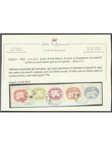 Italia 1945 - Luogotenenza CORALIT Serie "Leone di San Marco" su frammento con annulli di Brescia Catal. € 1500 (U)