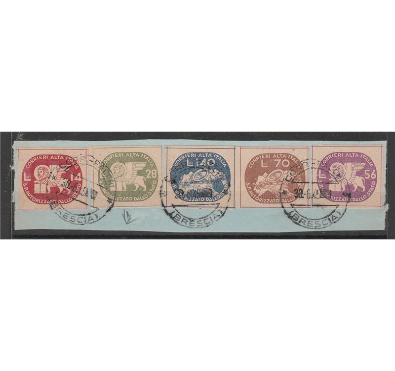Italia 1945 - Luogotenenza CORALIT Serie "Leone di San Marco" su framm. con annulli di Brescia Cat. € 1500 (U)