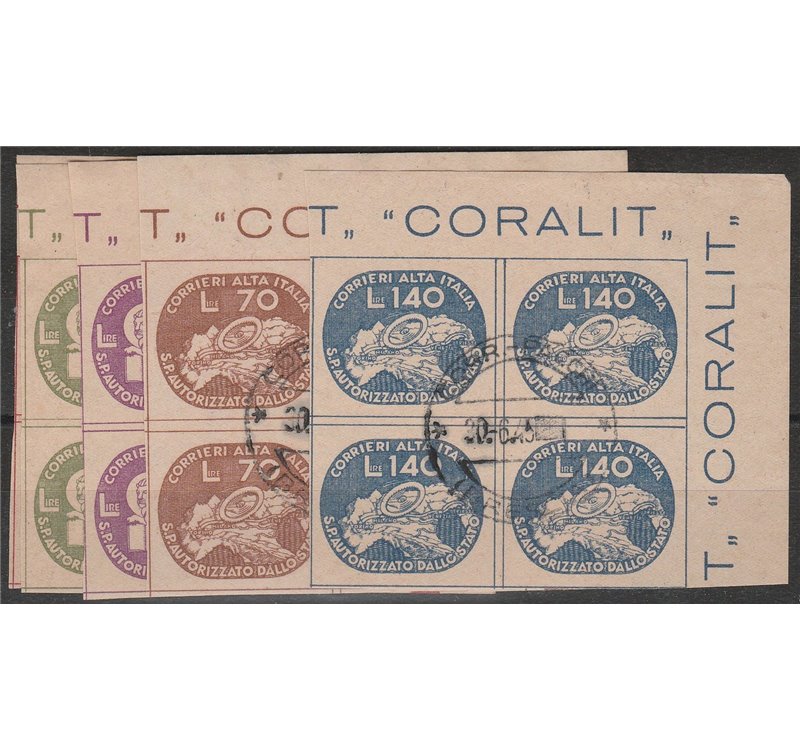 Italia 1945 - Luogotenenza CORALIT Serie "Leone di San Marco" in quartina con ann. di Brescia dell'ult. giorno Cat. € 6000 (U)