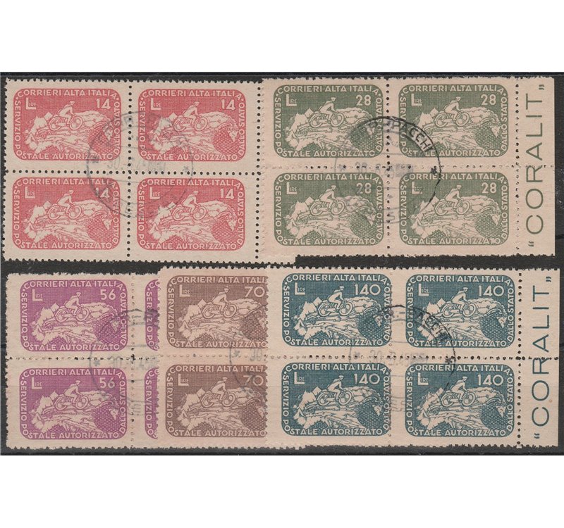 Italia 30/06/1945 - Luogotenenza CORALIT Serie "Ciclista" in quartina con ann. dell'ult. giorno di validità Cat.€ 6000 (U)