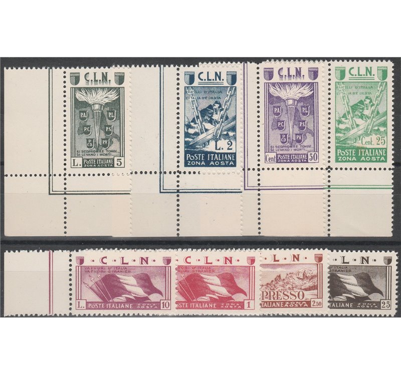 Italia 1944 - Emissioni C.L.N. Aosta Soggetti vari, la serie. Cat. € 125 (**)
