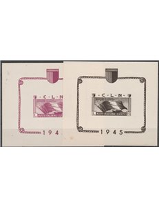 Italia 1945 - C.L.N. Aosta I due foglietti da L. 10 circa e L. 25 nero su carta giallastra, non dentellati Cat. € 1500 (**)
