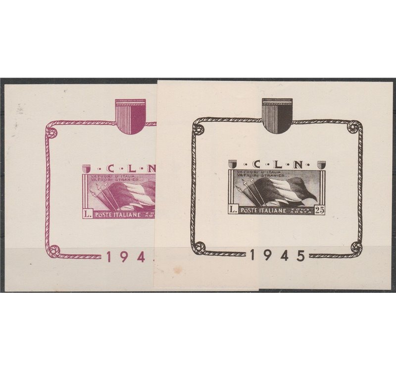 Italia 1945 - C.L.N. Aosta I due foglietti da L. 10 circa e L. 25 nero su carta giallastra, non dentellati Cat. € 1500 (**)