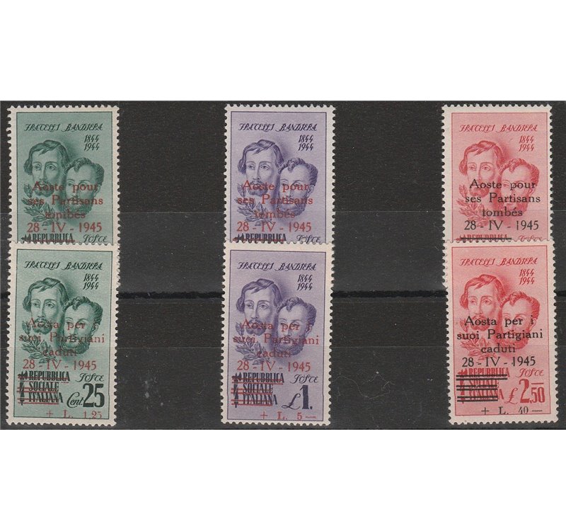 1945 - C.L.N. Aosta Emissioni di Propaganda Fratelli Bandiera, con le sovr. in italiano e francese Cat. CEI € 12000 (**)