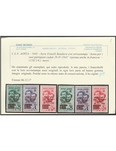 1945 - C.L.N. Aosta Emissioni di Propaganda Fratelli Bandiera, con le sovr. in italiano e francese Cat. CEI € 12000 (**)