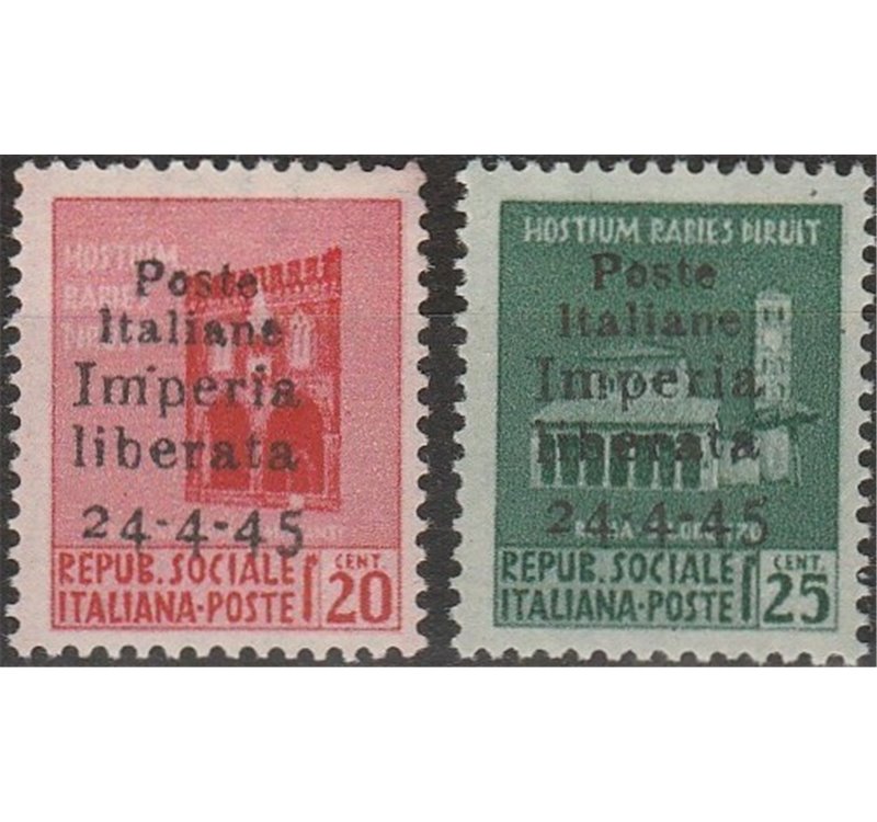 1945 - C.L.N. Imperia Monumenti distrutti con sovr. "Poste Italiane Imperia Liberata 24-4-25" Non emessi Cat. € 4.000 (**)