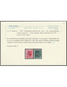 1945 - C.L.N. Imperia Monumenti distrutti con sovr. "Poste Italiane Imperia Liberata 24-4-25" Non emessi Cat. € 4.000 (**)