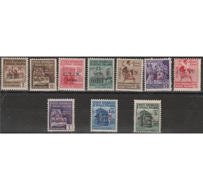 1945 - C.L.N. Savona Monumenti Distrutti, la serie con sovr. "C.L.N Savona" Cert.: Biondi. Cat. €1150 (**)