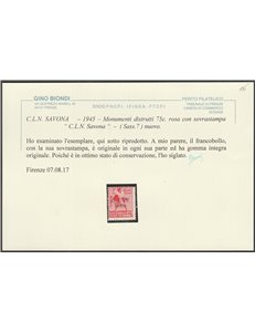 1945 - C.L.N. Savona Monumenti Distrutti, la serie con sovr. "C.L.N Savona" Cert.: Biondi. Cat. €1150 (**)