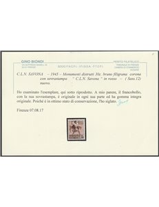 Italia 1945 - Savona Tamburino 30 c. fil. corona con sovr. "C.L.N. Savona" Cat. € 7000 (**)