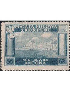 1946 - Vittorie Polacche 55 g. azzurro su carta giallastra spessa. Gommato Cat. € 260 (**)