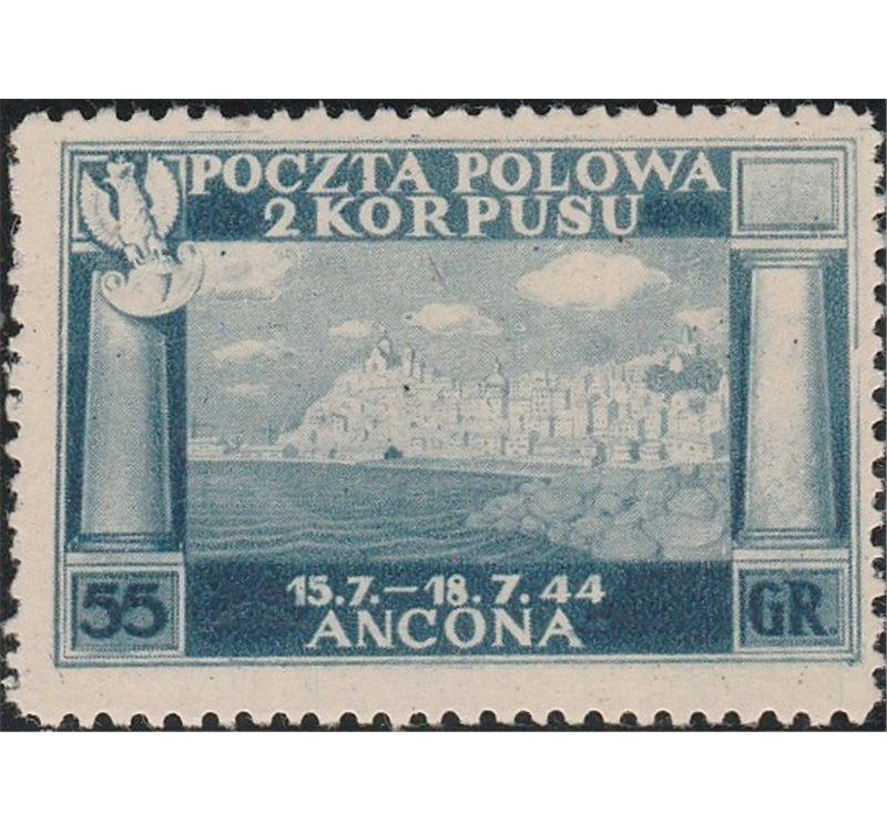 1946 - Vittorie Polacche 55 g. azzurro su carta giallastra spessa. Gommato Cat. € 260 (**)
