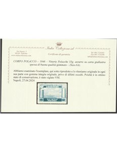 1946 - Vittorie Polacche 55 g. azzurro su carta giallastra spessa. Gommato Cat. € 260 (**)