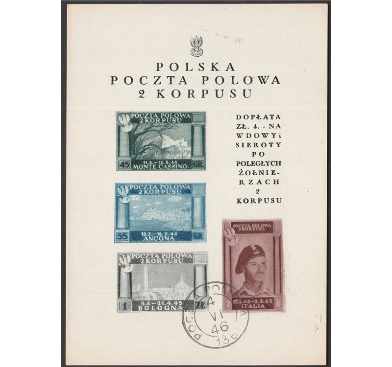1946 - Vittorie Polacche, il foglietto. su carta bianca. Cert.: Italia Colleziona. Cat. € 700 (**)