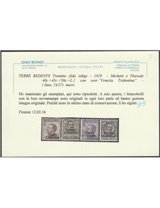 1918 - Terre Redente Trentino F.lli del Regno con sovr. "Venezia Tridentina" Cat. € 3250(**)