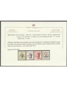1918-19 - Trentino Alto Adige Bolzano 1 Serie di Trento e Trieste con sovr. di una "T" nera Cat. € 717 (**)