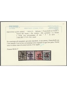 1918-19 - Trentino Alto Adige Bolzano 1 Serie di Trento e Trieste con sovr. di una "T" in nero Cert.: Biondi. Cat. €690 (U)