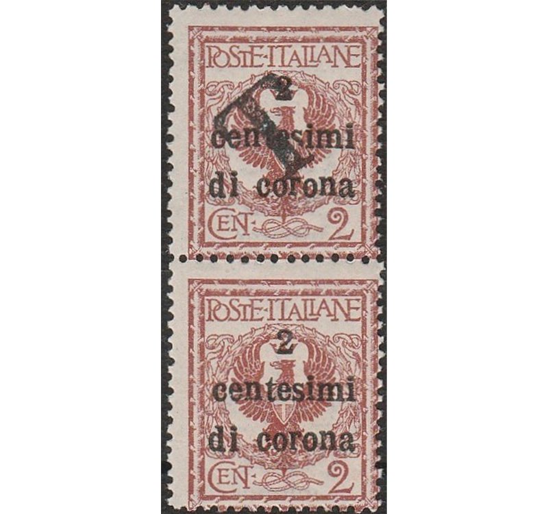 1918-19 - Trentino Varietà Bolzano 1 Trento e Trieste, coppia verticale del 2 c. Cat. € 480 (**)