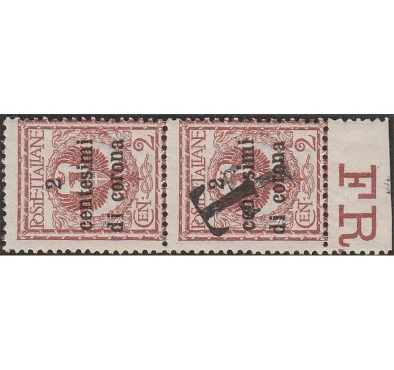 1918-19 - Trentino Varietà Bolzano 1  f.lli di Trento e Trieste, coppia verticale del 2 c. Cert.: Biondi. Cat. € 720 (**)