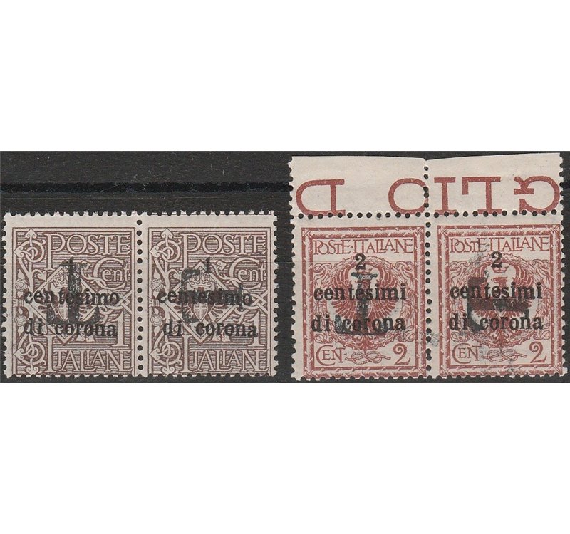 1918-19 - Trentino Varietà Bolzano 1 F.lli di Trento e Trieste, coppie del 1 c. e 2 c. Cert.: Biondi  Cat. € 360 (**)