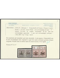 1918-19 - Trentino Varietà Bolzano 1 F.lli di Trento e Trieste, coppie del 1 c. e 2 c. Cert.: Biondi  Cat. € 360 (**)
