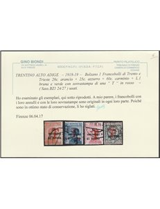 1918-19 - Trentino Alto Adige Bolzano1 F.lli di Trento e Trieste con sovr. di una "T" in rosso, la serie. Cat. € 685 (U)