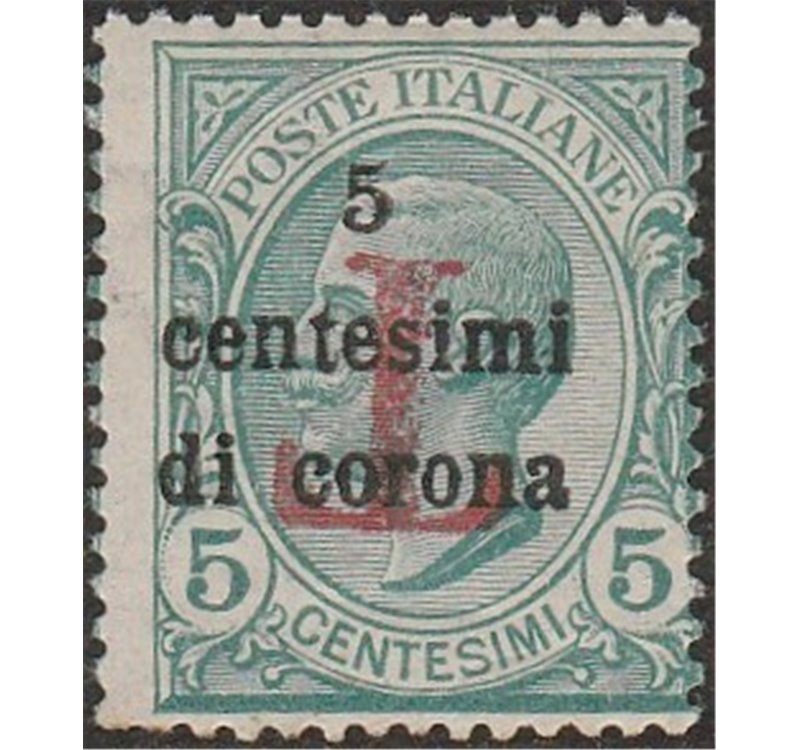 1918-19 - Trentino Varietà Bolzano 1  5 c. di corona su 5 verde con sovr. in rosso "T" capovolta Cat. € 165 (**)