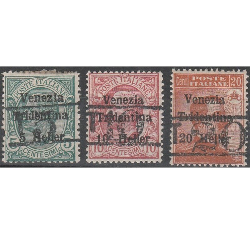 1918-19 - Trentino Bolzano 3 Serie di Venezia Tridentina con sovr. dei nuovi valori "T 5, T 10, T 20"  Cat. € 680 (*)