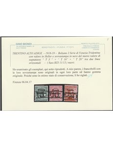 1918-19 - Trentino Bolzano 3 Serie di Venezia Tridentina con sovr. dei nuovi valori "T 5, T 10, T 20"  Cat. € 680 (*)