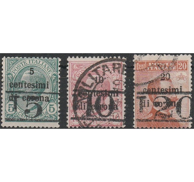 1918-19 Trentino Bolzano 3 F.lli di Trento e Trieste 5 c. 10 c. 20 c. con sovr. dei nuovi valori Cat. € 820 (U)