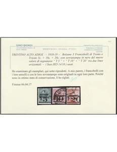 1918-19 Trentino Bolzano 3 F.lli di Trento e Trieste 5 c. 10 c. 20 c. con sovr. dei nuovi valori Cat. € 820 (U)
