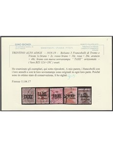 1918-19 - Trentino Bolzano 3 Trento e Trieste con sovr. orizzontale " TAXE" in nero Cat. € 1850 (U)