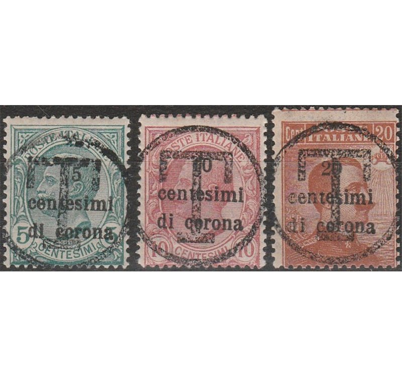1919 - Trentino Alto Adige Bolzano 3 F.lli di Trento e Trieste con sovr. "T" grande in un cerchio Cat. € 1350 (**)